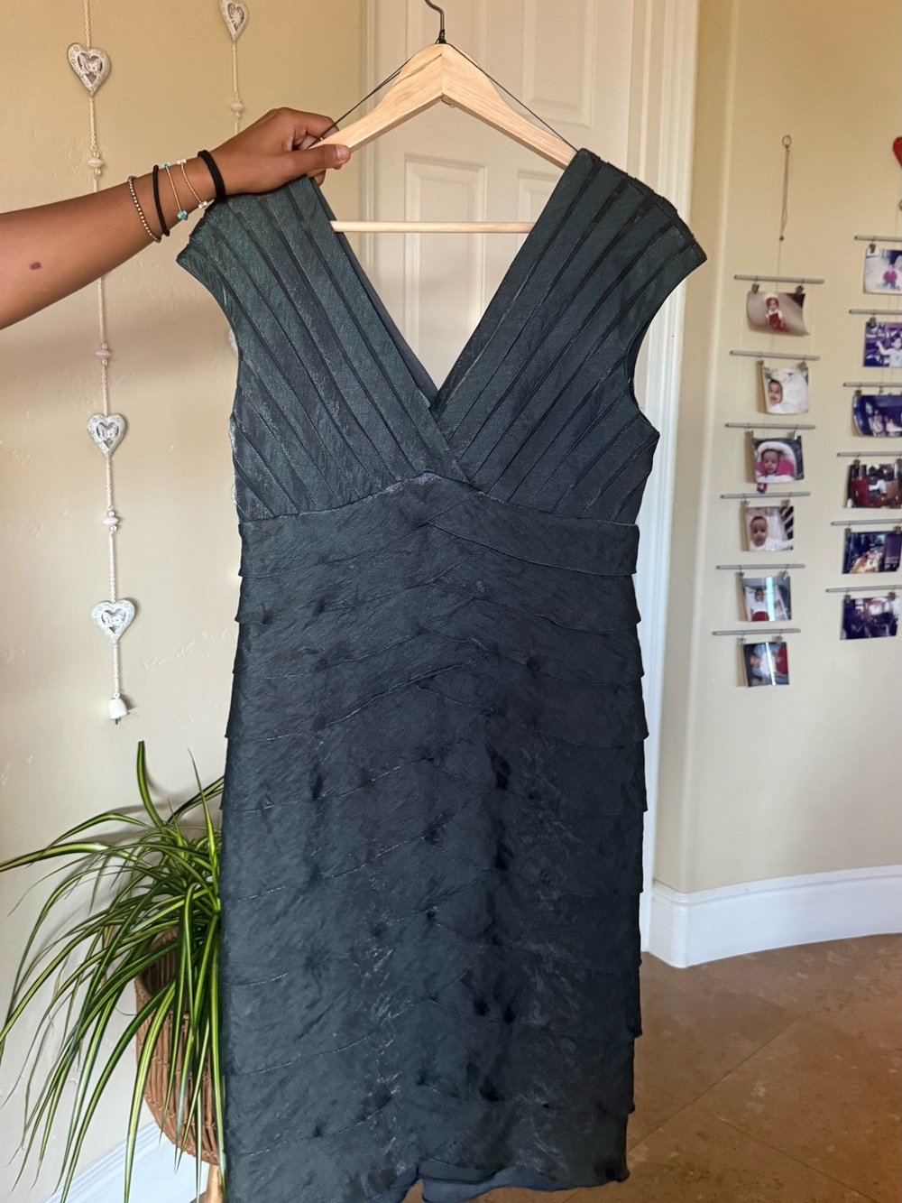 Cache Black Tiered V-Neck Cap-Sleeve Dress